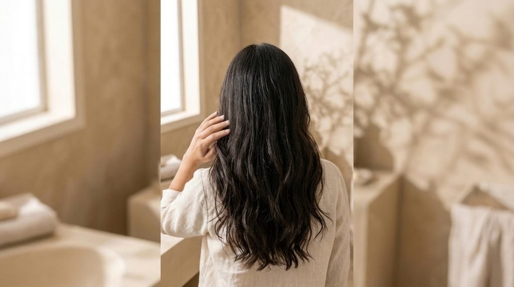 Woman with naturally shiny brunette hair in soft daylight.