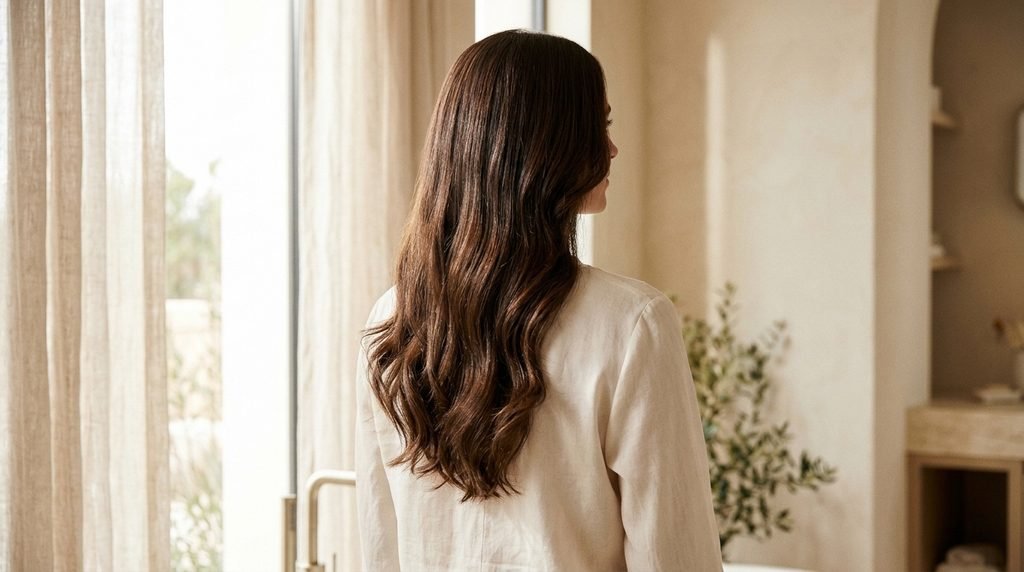 Healthy-looking brunette hair in a Nutrafol Hair Serum overview.