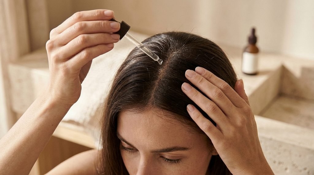 Close-up of scalp serum application along a hair part.