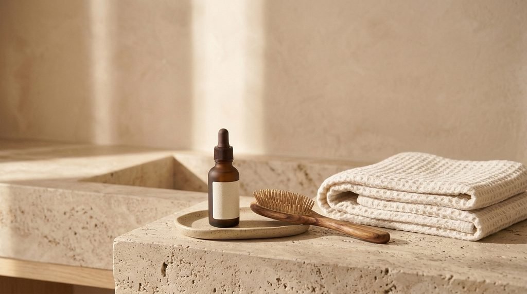 Hair serum and everyday hair care essentials arranged on an elegant vanity