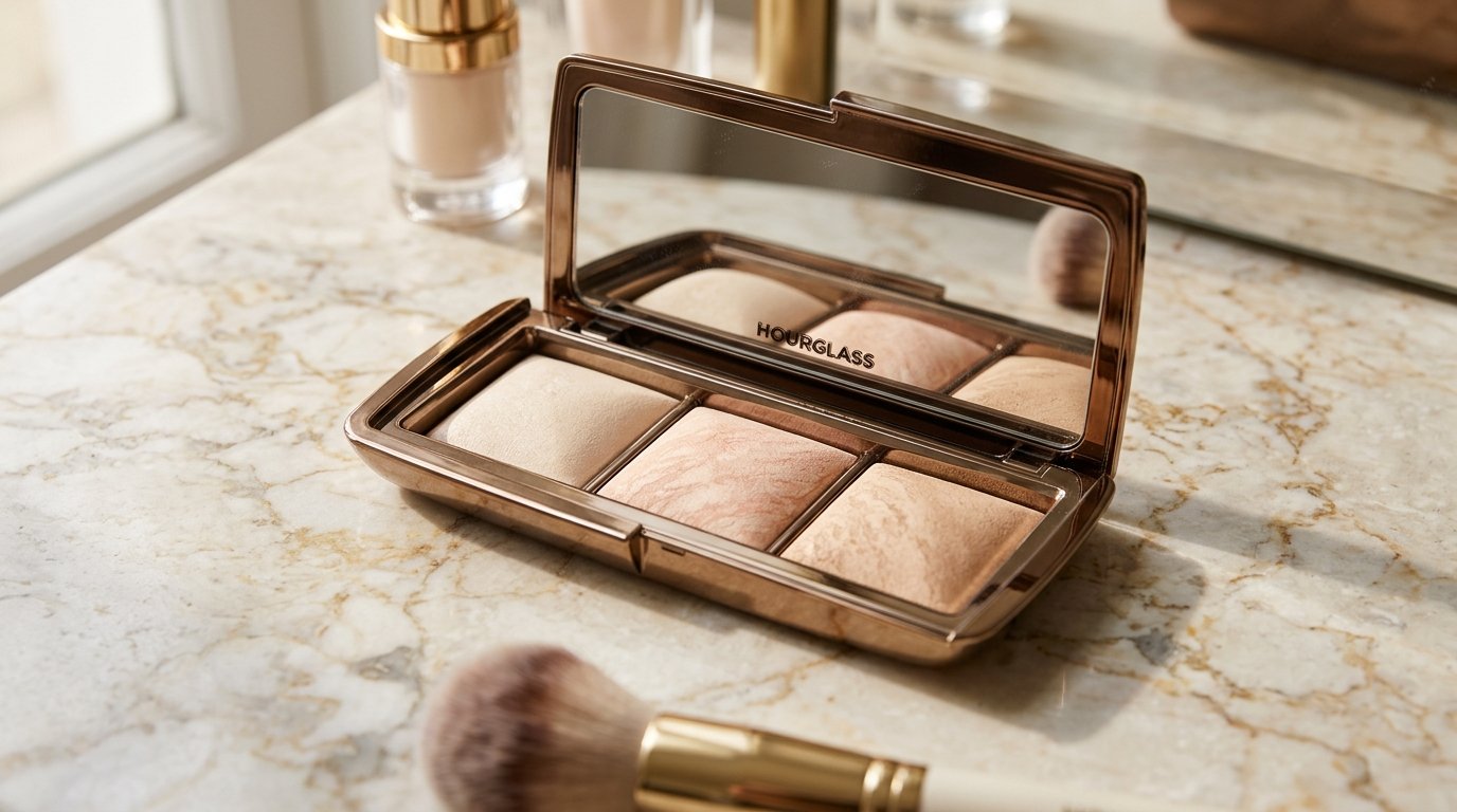 Hourglass Ambient Lighting Palette with three finishing powders displayed in a luxury makeup editorial setting