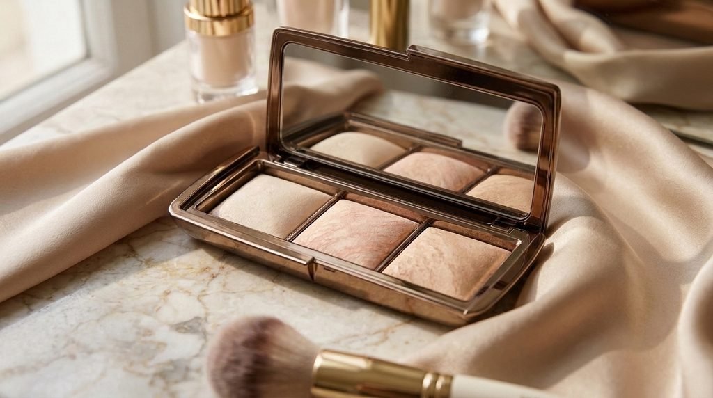 Luxury finishing powder compact photographed in an elegant beauty vanity setting.