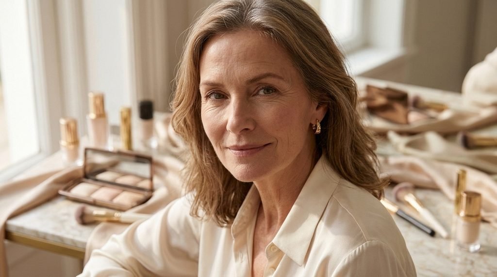 Mature woman wearing softly luminous makeup with natural skin texture.