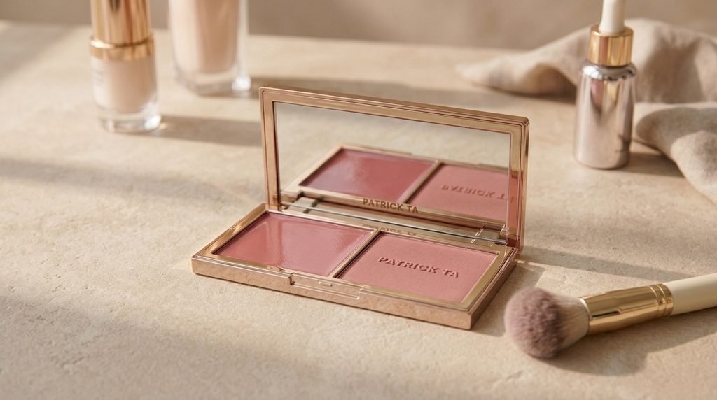 : Cream and powder textures in a dual-formula blush compact.