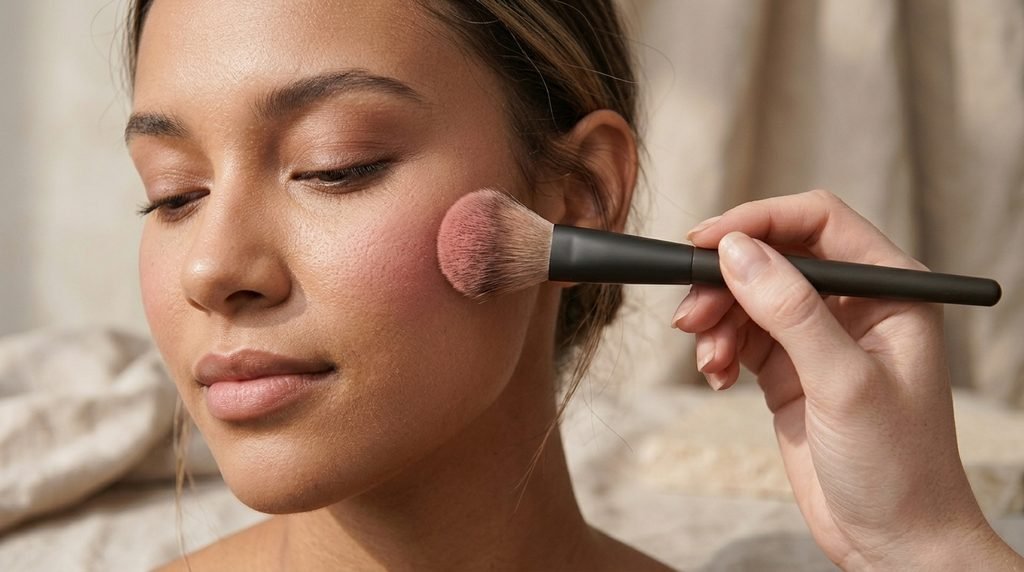 Applying blush with a makeup brush for a soft, blended cheek finish