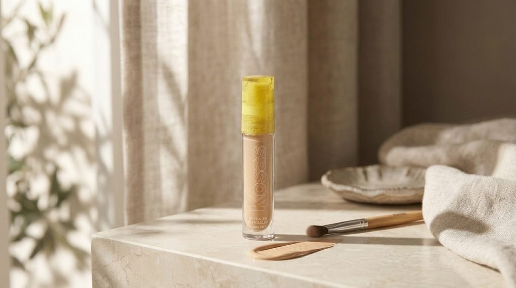Kosas Revealer Concealer tube with its yellow cap displayed against a clean beige background.