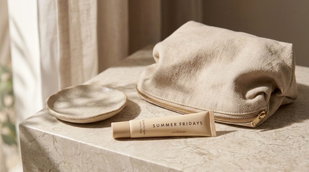 Summer Fridays Lip Butter Balm in its tube packaging styled on a neutral vanity with soft natural light.