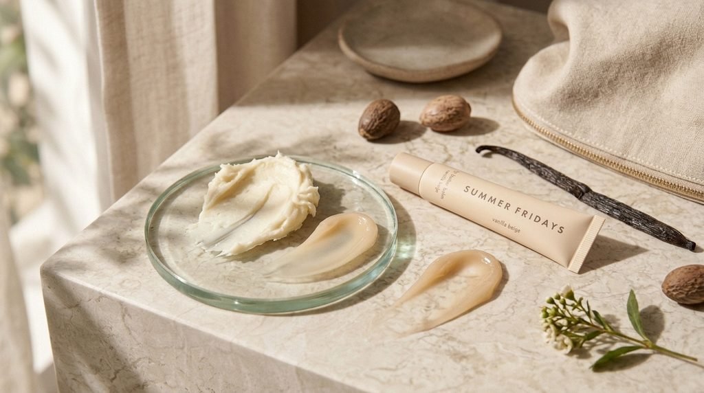  Glossy lip balm swatch beside shea butter-inspired skincare textures on a neutral surface.