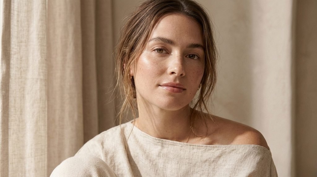 Minimal everyday makeup look featuring softly glowing skin, neutral eyes, and glossy natural lips.