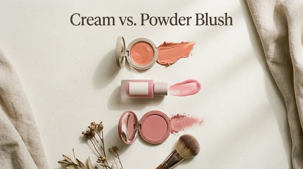 Cream, liquid, and powder blush products with pink and peach swatches.