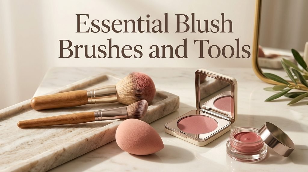 makeup sponge, and blush products arranged on a vanity