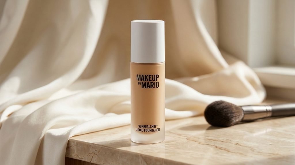 Makeup by Mario SurrealSkin Foundation bottle displayed on an elegant beauty vanity with soft natural lighting.