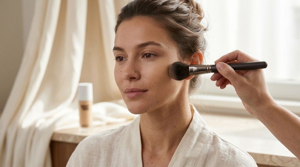 : Foundation being blended onto the cheek with a makeup brush for a natural radiant finish
