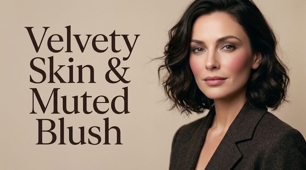 Velvety skin makeup with softly blended muted rose blush for fall