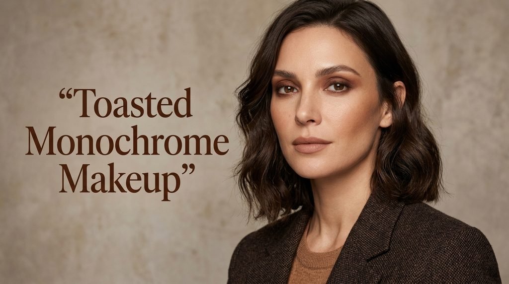 Toasted monochrome makeup with brown eyeshadow, caramel cheeks, and nude-brown lipstick.