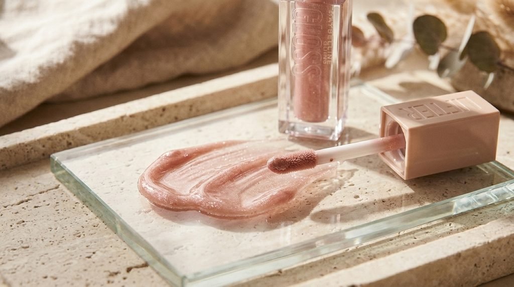 Close-up of Maybelline Lifter Gloss with a reflective nude-pink gloss texture on a clean beauty surface.