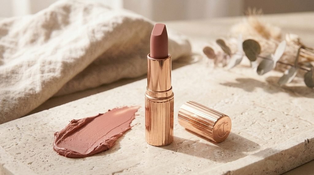 Charlotte Tilbury Pillow Talk lipstick shade and nude-pink color swatch.