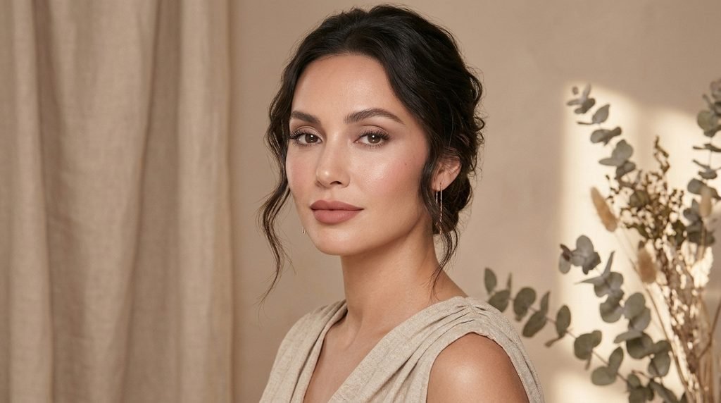 Soft glam makeup look featuring nude-pink lipstick, neutral eyeshadow, and rosy blush.