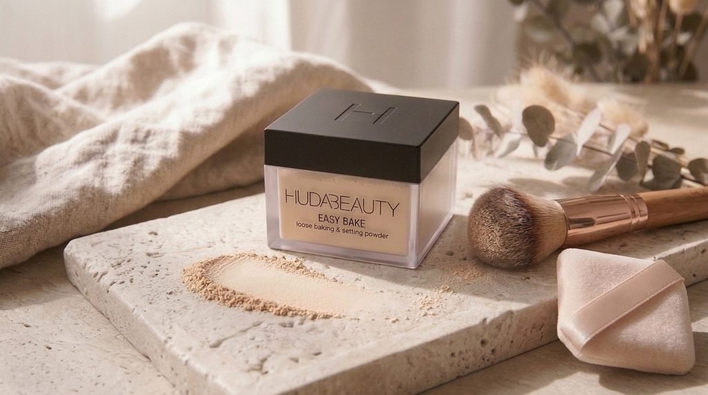 Huda Beauty Easy Bake Loose Baking and Setting Powder container with a fine beige powder swatch.