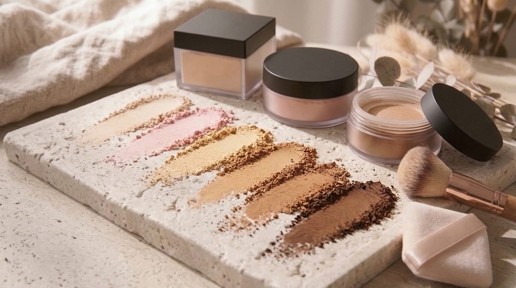 Huda Beauty Easy Bake powder shade comparison showing light, pink, golden, and deeper complexion powder swatches.