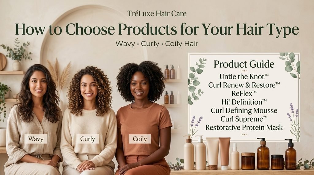 TréLuxe Hair Care guide showing different hair textures and product names for choosing hair care product