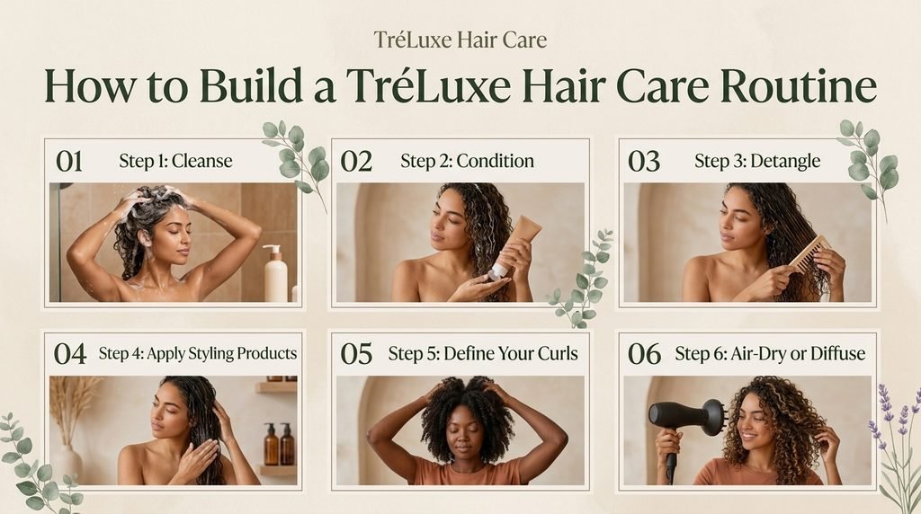 Step-by-step TréLuxe hair care routine showing cleansing, conditioning, detangling, curl styling, and dryin