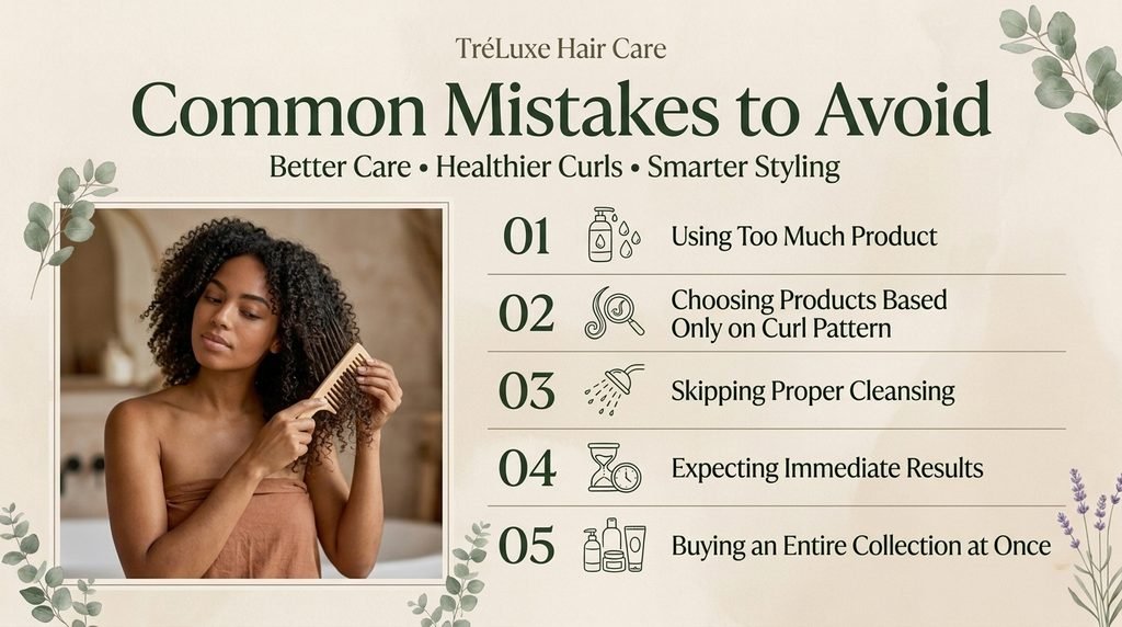 Common curly hair care mistakes explained in a TréLuxe Hair Care editorial infographic