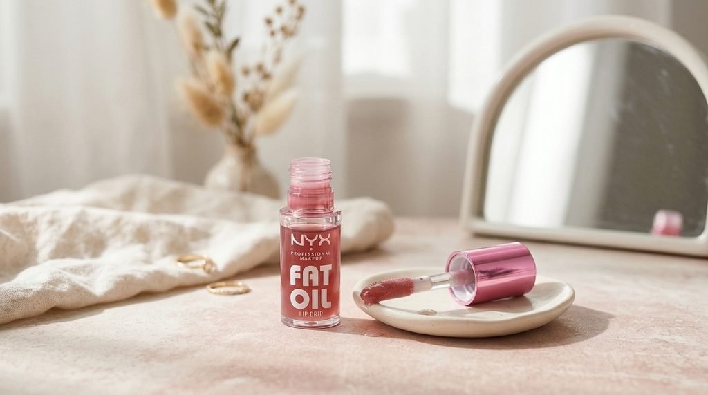  NYX Fat Oil Lip Drip tinted lip oil with its oversized applicator on a clean beauty vanity.