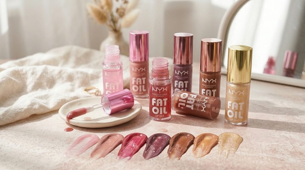 : Assorted NYX Fat Oil Lip Drip shades arranged with neutral pink, brown, berry, and shimmer lip swatches.