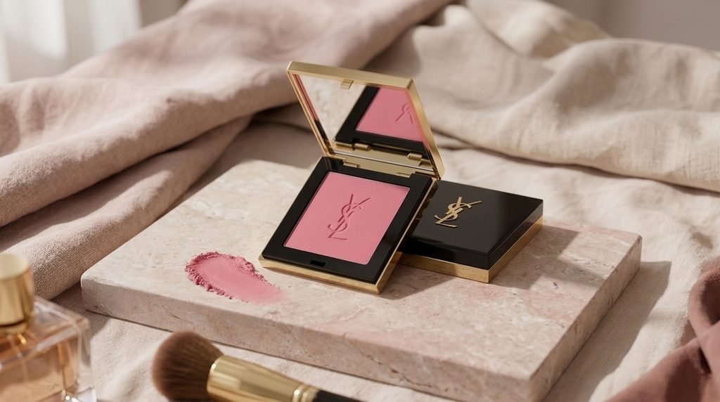 YSL Make Me Blush luxury powder blush compact on a neutral vanity.