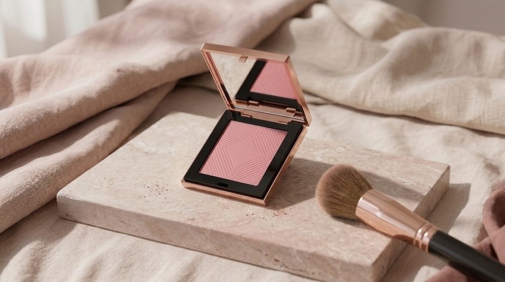 Close-up of a velvety pink pressed powder blush and makeup brush.