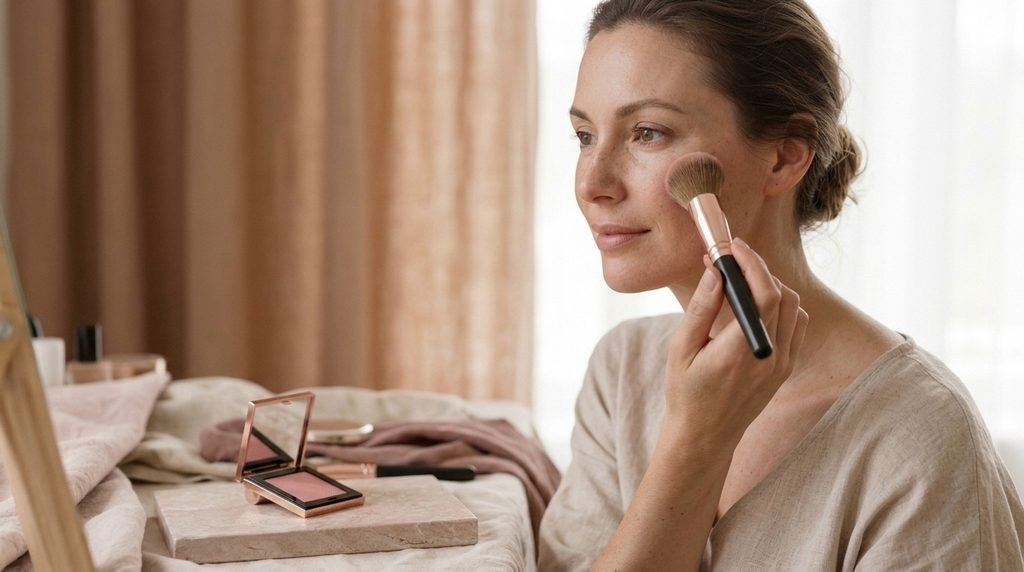 Model applying powder blush to her cheekbones with a fluffy makeup brush.