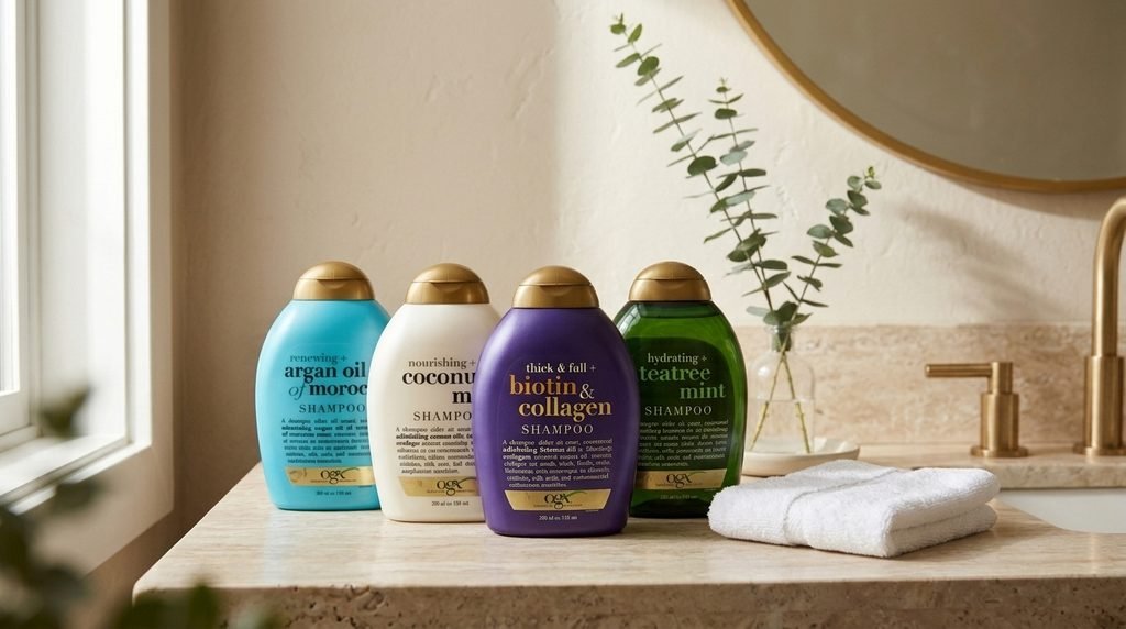 OGX shampoo bottles arranged on a clean bathroom shelf with a premium hair care aesthetic.