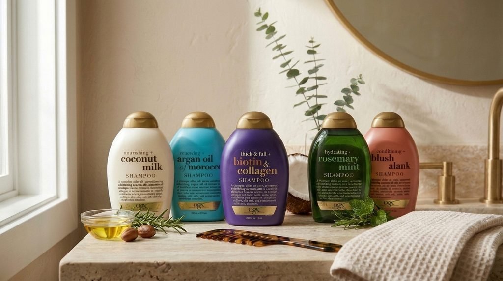 OGX-inspired shampoo and conditioner bottles styled with accessories representing dry, fine, curly, and frizzy hair care needs.