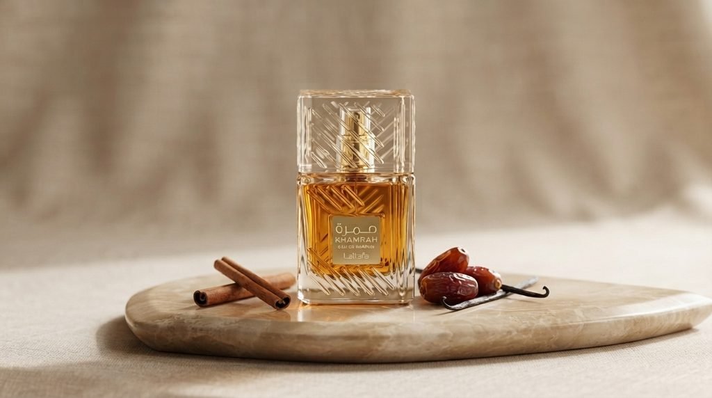 Lattafa Khamrah Eau de Parfum bottle displayed with cinnamon sticks and dates in a warm luxury setting