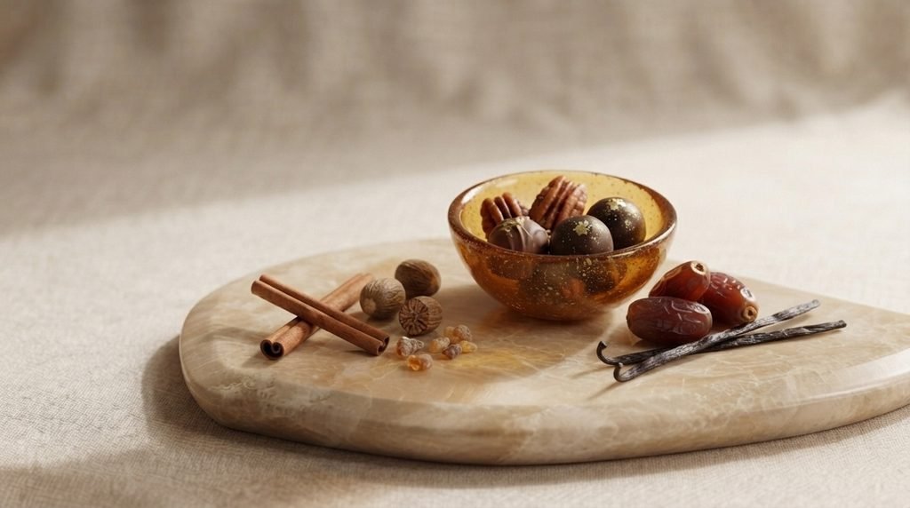 Cinnamon, dates, praline-inspired sweets, and vanilla representing the warm gourmand scent profile of Lattafa Khamrah.