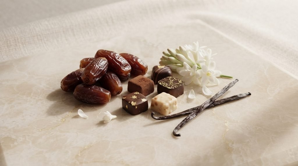 Glossy dates, praline confectionery, and white flowers representing the sweet floral heart of Lattafa Khamrah.