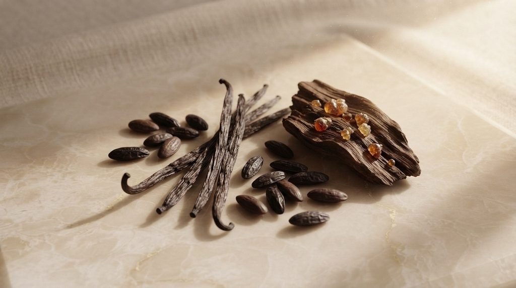 Vanilla pods, tonka beans, amber-colored resin, and dark wood representing the warm dry-down of Lattafa Khamrah.
