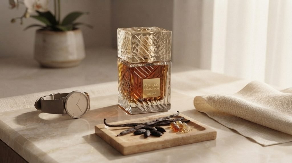Lattafa Khamrah perfume displayed on an elegant vanity as part of a fragrance routine.