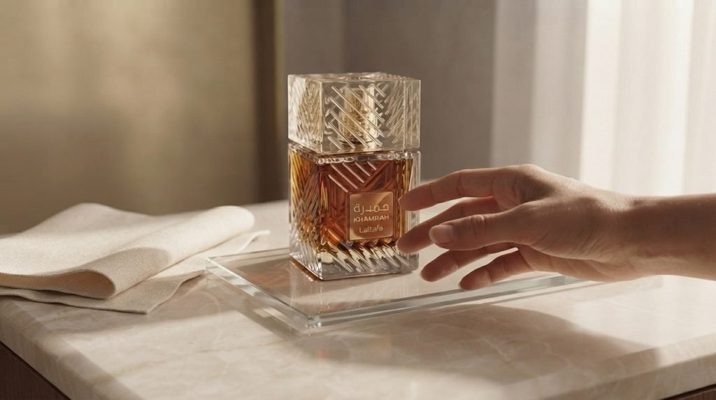 Lattafa Khamrah Eau de Parfum on a minimalist vanity during a simple perfume application routine