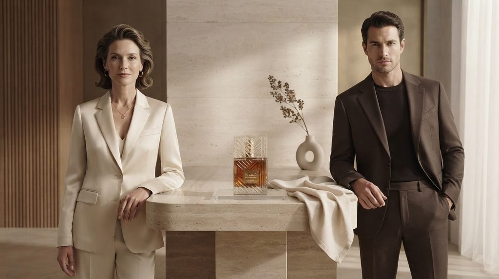  Woman and man in elegant neutral outfits beside Lattafa Khamrah, a unisex gourmand fragrance