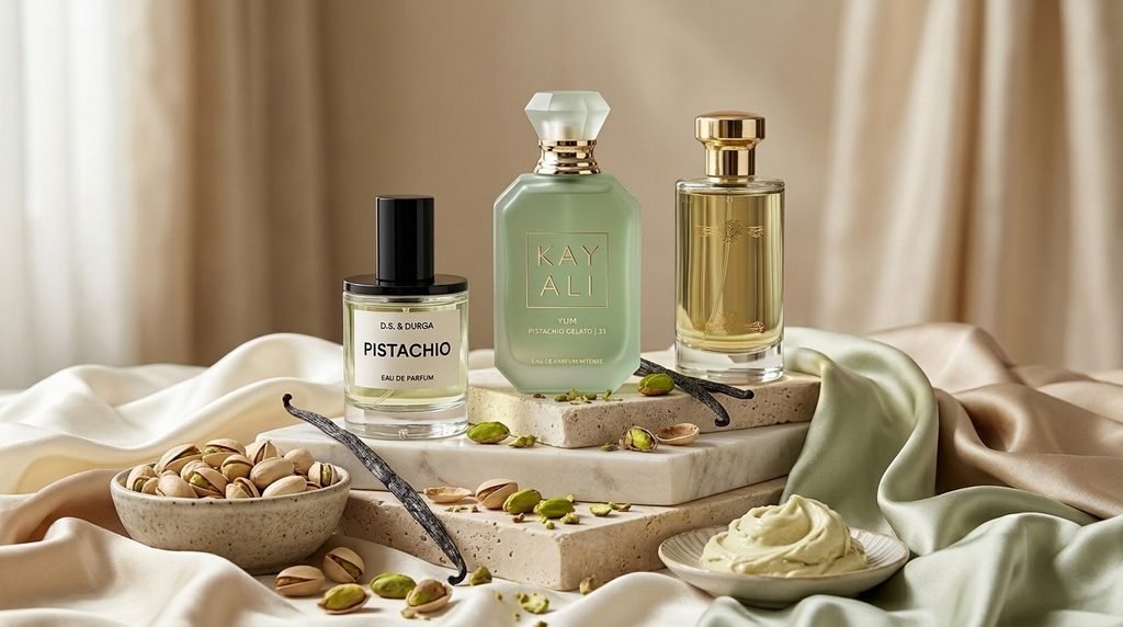 Luxury pistachio perfume collection featuring KAYALI Yum Pistachio Gelato