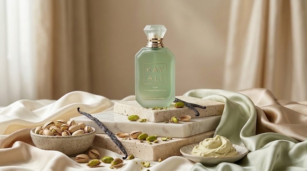 A curated collection of pistachio-inspired perfumes arranged with fresh pistachios and vanilla pods