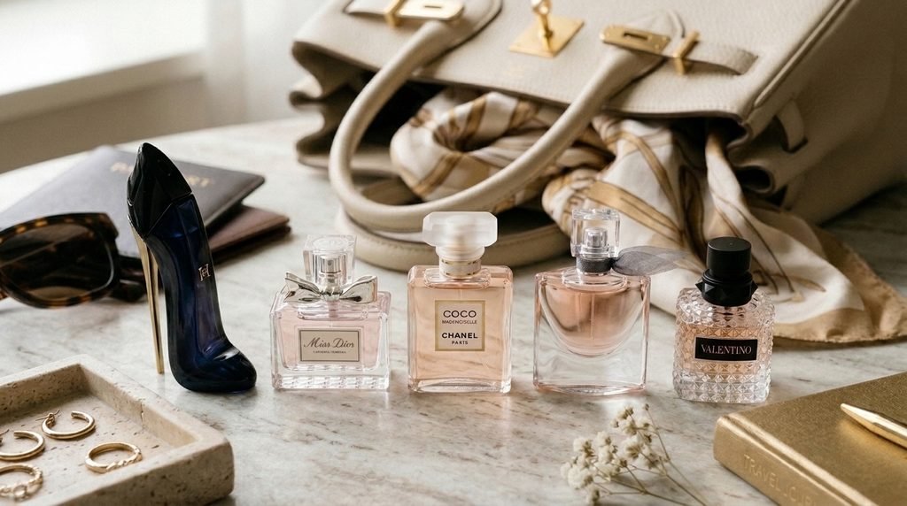 Luxury mini perfumes from Chanel, Dior, Carolina Herrera, Lancôme, and Valentino in an elegant fragrance collection.