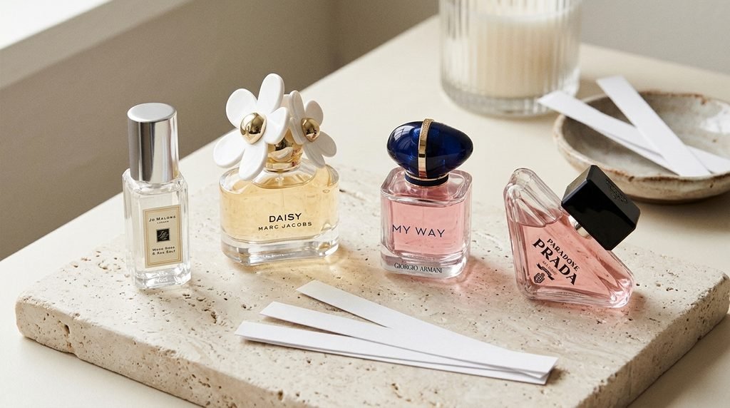 Fragrance discovery set with miniature perfume samples and scent-testing strips on a neutral vanity