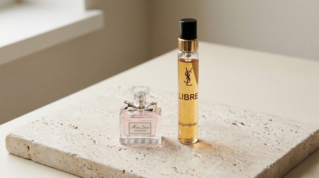 ecorative miniature perfume bottle and compact travel perfume atomizer displayed side by side.