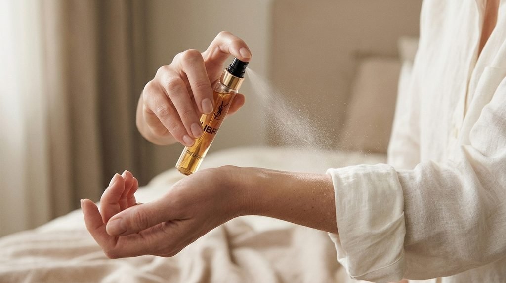 Applying a fine mist of perfume to the wrist during a simple fragrance routine