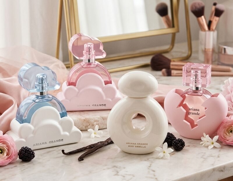 **Image Title:** Ariana Grande Perfume Review 2026 – Best Fragrances **Image Prompt:** Create a vertical 3:4 ultra-realistic luxury perfume editorial photograph for a premium beauty website, featuring an elegant collection of Ariana Grande perfumes, including Cloud, Cloud Pink, MOD Vanilla, and Thank U, Next, arranged beautifully on a luxurious vanity. The perfume bottles should look elegant, recognizable in their general signature designs, and surrounded by soft pink satin, vanilla pods, fresh berries, delicate flowers, and dreamy cloud-inspired decorative elements. Use natural studio lighting, realistic glass reflections, refined blush pink, cream, lavender, and champagne tones, sophisticated magazine photography, and premium beauty campaign styling. Include the brand name “Ariana Grande” clearly and correctly on the perfume bottle labels, with realistic, legible typography. Make the overall composition polished, feminine, modern, and visually attractive for Pinterest. No extra promotional text, no watermark, no distorted lettering, no duplicate bottles.