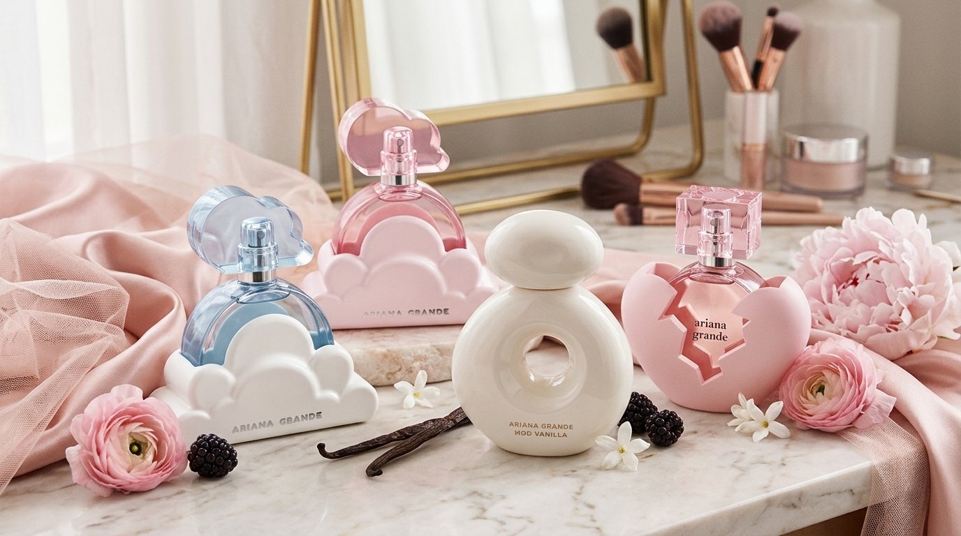 **Image Title:** Ariana Grande Perfume Review 2026 – Best Fragrances **Image Prompt:** Create a vertical 3:4 ultra-realistic luxury perfume editorial photograph for a premium beauty website, featuring an elegant collection of Ariana Grande perfumes, including Cloud, Cloud Pink, MOD Vanilla, and Thank U, Next, arranged beautifully on a luxurious vanity. The perfume bottles should look elegant, recognizable in their general signature designs, and surrounded by soft pink satin, vanilla pods, fresh berries, delicate flowers, and dreamy cloud-inspired decorative elements. Use natural studio lighting, realistic glass reflections, refined blush pink, cream, lavender, and champagne tones, sophisticated magazine photography, and premium beauty campaign styling. Include the brand name “Ariana Grande” clearly and correctly on the perfume bottle labels, with realistic, legible typography. Make the overall composition polished, feminine, modern, and visually attractive for Pinterest. No extra promotional text, no watermark, no distorted lettering, no duplicate bottles.