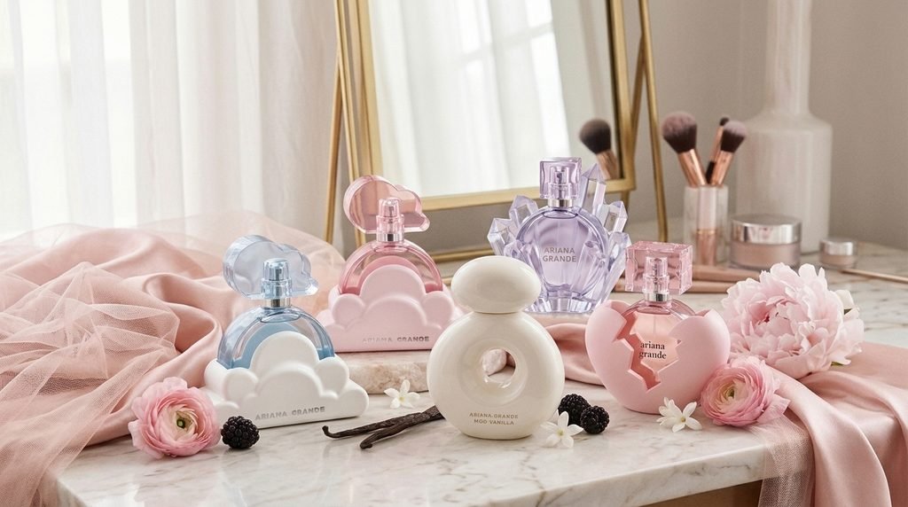 Ariana Grande-inspired sweet perfume collection arranged on an elegant vanity with soft pink and cream styling.